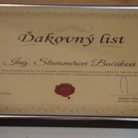 Ďakovný list pre ocenených